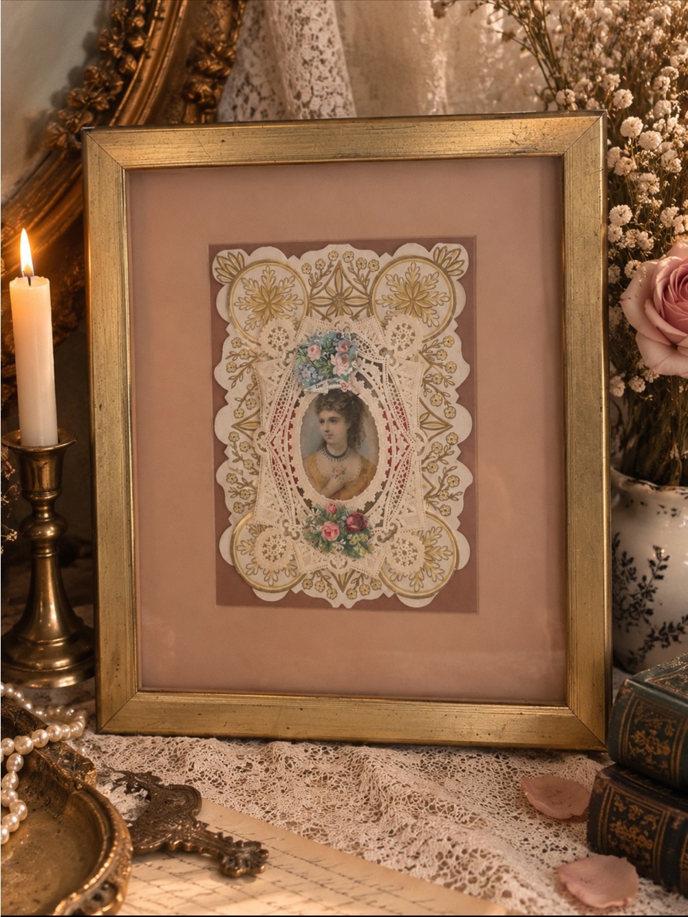 Vintage Gold Frame with Pink Mat and Floral Print
